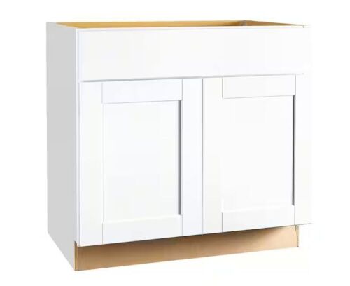 Hampton Bay Shaker 36 in. W x 24 in. D x 34.5 in. H Assembled Base Kitchen Cabinet in Satin White with Ball-Bearing Drawer Glides - Lot 103
