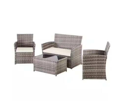 4-Piece Outdoor Patio Wicker Furniture Sectional Sofa Set with Off-White Cushions  - Lot 107