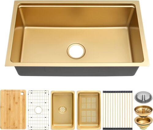  MILOSEN Stainless Steel Gold Undermount Kitchen Sink, Single Bowl, 30×18×9 inch - Lot 610