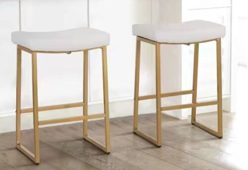 White PU Leather Bar Stools with Backless Saddle Design and Golden Metal Frame, Set of 2  - Lot 220