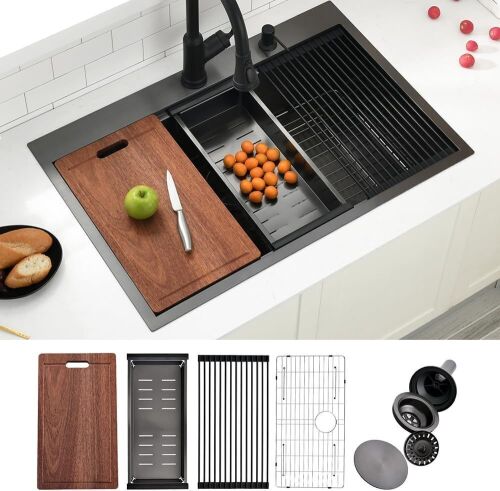 Swift Horse Black Stainless Steel Drop In Kitchen Sink, 33" x 22" x 10"  - Lot 90