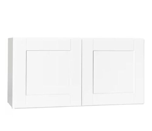Hampton Bay Shaker 36 in. W x 12 in. D x 18 in. H Assembled Wall Bridge Kitchen Cabinet in Satin White without Shelf - Damaged Corner  - Lot 712