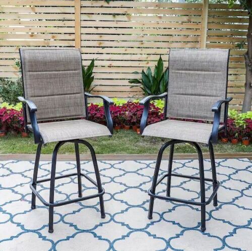 Padded Swivel Metal Outdoor Bar Stool with Arms, Set of 2  - Lot 83
