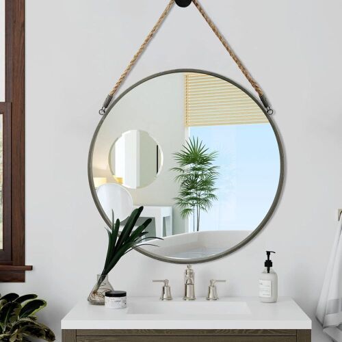 Large Round Hanging Rope Mirror, 24 Inch  - Lot 190