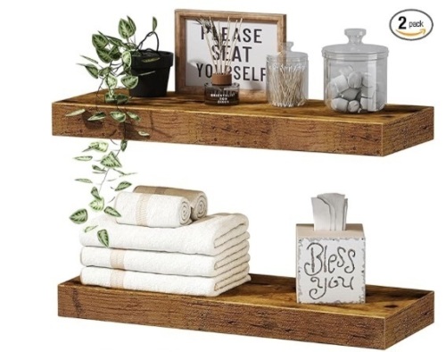 QEEIG Floating Shelves Bathroom Farmhouse Wall Mounted Shelf with Towel Bar Kitchen Shelve Rustic Shelfs Set of 2, Rustic Brown - Lot 135