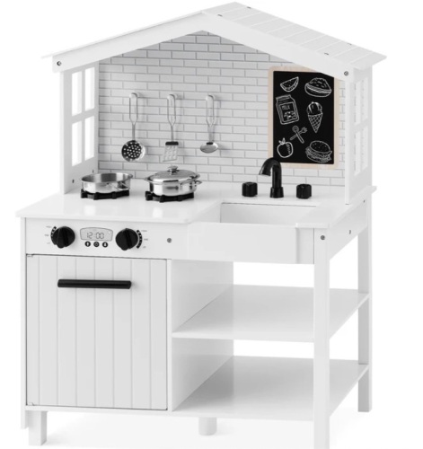 Kids Farmhouse Play Kitchen w/ Chalkboard, Storage Shelves, 5 Accessories - Lot 143