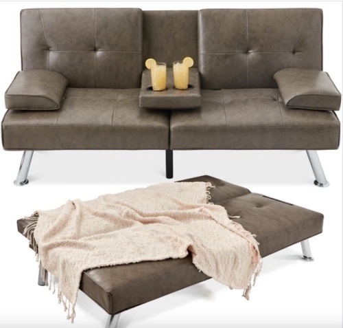 Faux Leather Upholstered Convertible Sofa Bed Futon w/ 2 Cupholders - Lot 52b