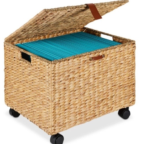Mobile Water Hyacinth Rolling Filing Cabinet Storage Basket w/ Lid, Wheels - Lot 50