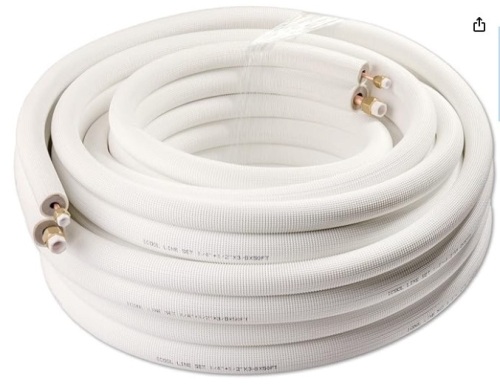 ICOOL 50 Ft. Mini Split Line Set, 1/4" & 1/2" O.D. Twin Copper Pipes, 3/8" Thickened PE Insulated Coil Copper Line with Nuts for Air Conditioner HVAC Refrigeration and Heating Equipment - Lot 53