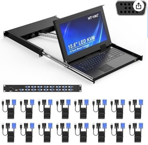 MT-VIKI 16 Port VGA KVM Console, 1U Rack Mount KVM Console w/15.6'' LCD Monitor, 1080P ALL-in-ONE LCD KVM Console Integrated Touchpad+Keyboard+Drawer+16 KVM Cables - Lot 57