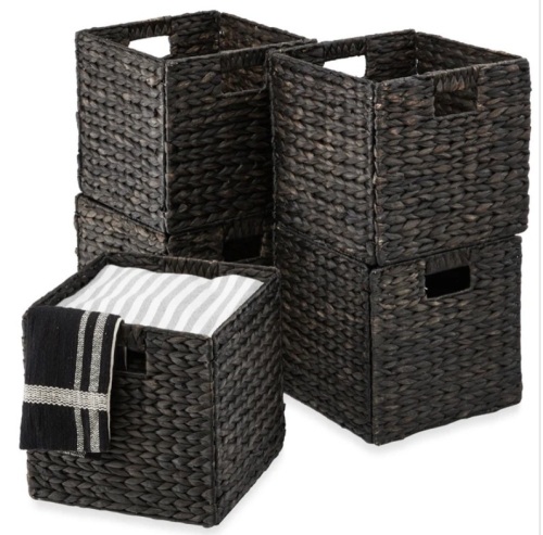 Set of 5 Collapsible Hyacinth Storage Baskets w/ Inserts - 12x12in - Lot 59