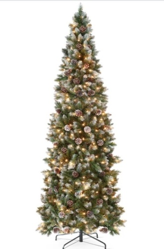 Pre-Lit Partially Flocked Pencil Christmas Tree w/ Pine Cones, Metal Stand 7.5ft - Lot 207