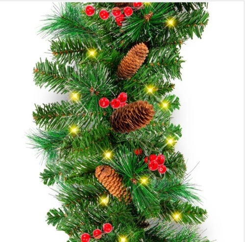 Pre-Lit Pre-Decorated Garland w/ PVC Branch Tips, 50 Lights - 9ft - Lot 211
