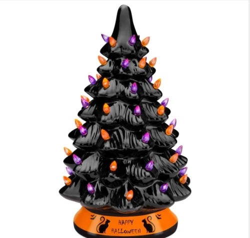 Ceramic Halloween Tabletop Tree w/ Orange & Purple Bulb Lights - 15in - Lot 212
