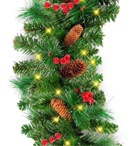 Pre-Lit Pre-Decorated Garland w/ PVC Branch Tips, 50 Lights - 9ft - Lot 241