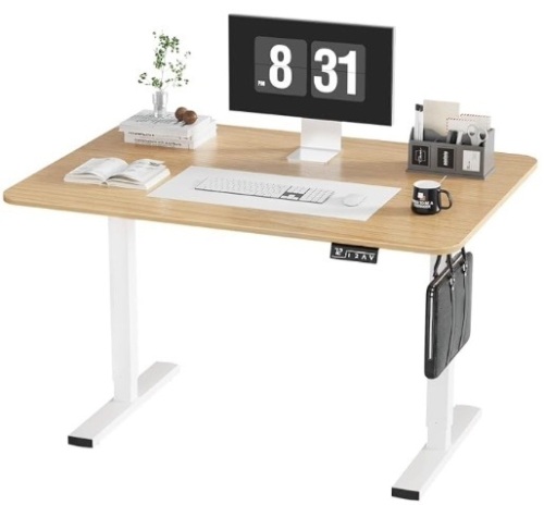 Electric Standing Desk, 40 x 24 Inches Height Adjustable Corner Table, Computer Workstation with Cup Holder and Hook for Home Office, 40x24 Inch, White Frame/Natural Top - Lot 242