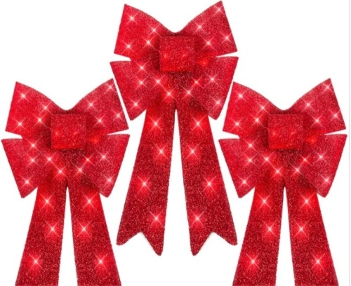 Set of 3 Pre-Lit Christmas Bow Decoration, LED Holiday Decor w/ 8 Functions - Lot 262