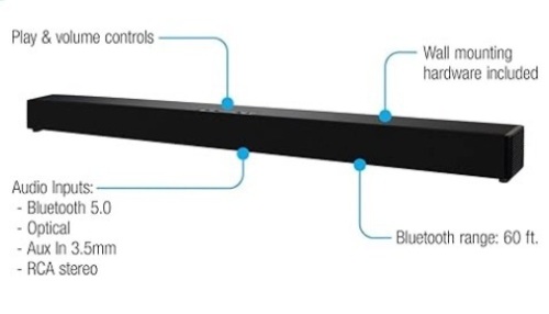 iLive Wall Mountable Sound Bar with Bluetooth, 37 Inches, Black with amazon alexa - Lot 274