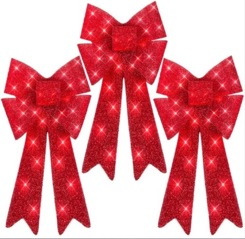 Set of 3 Pre-Lit Christmas Bow Decoration, LED Holiday Decor w/ 8 Functions - Lot 279