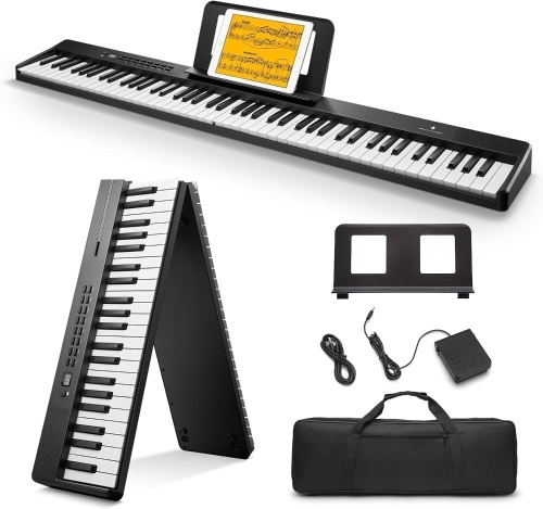 Donner DP-10 Portable Piano Keyboard 88 Keys for Beginner, Bluetooth Foldable Piano Keyboard with 128 Rhythms&Tones, Chord, Record, Drum Kit, Folding Digital Piano Bundle with Pedal, Piano Bag, Black - Lot 9300