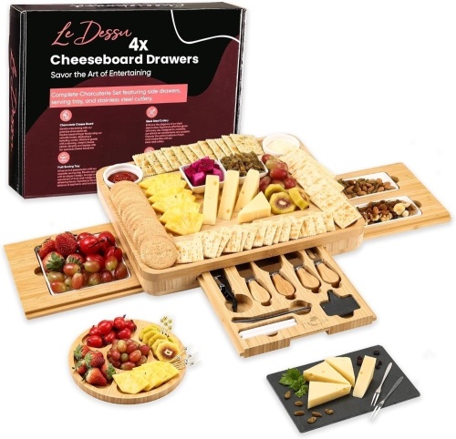 Large Charcuterie boards gift set - Bamboo cheese board set & knife set - 4 drawers chauratri board for food serving - Elegant Mother's Day Gifts for Mom -Unique serving trays for birthday - Lot 9302