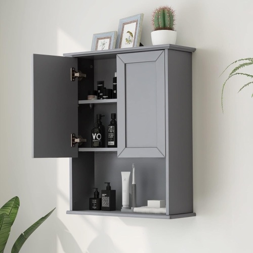Grey Wall Mounted Bathroom Cabinet above Toilet Wooden Medicine Cabinets, Over Toilet Storage, 23x29 in Hanging Bathroom Storage Wall Cabinet with 2 Door & Adjustable Shelf, Soft Hinge - Lot 9310