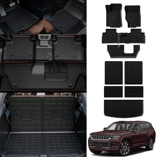 Floor Mats Compatible with 2021-2024 Jeep Grand Cherokee L 7 Seater Trunk Mat Cargo Liner TPE Seat Back Protector 2023 Grand Cherokee L Accessories (Trunk Mat+Backrest Mat+Floor Mat) - Lot 9315