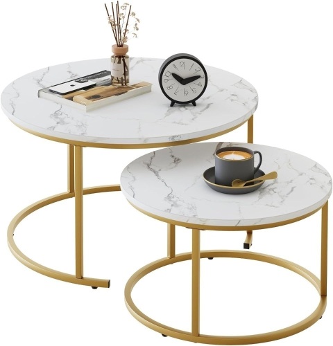 29.5" Nesting Coffee Table, Large White Faux Marble Gold Side Table Set of 2, Steel Frame Circular and Round Wooden Tables, Living Room Bedroom Apartment Modern for Small Place - Lot 9344