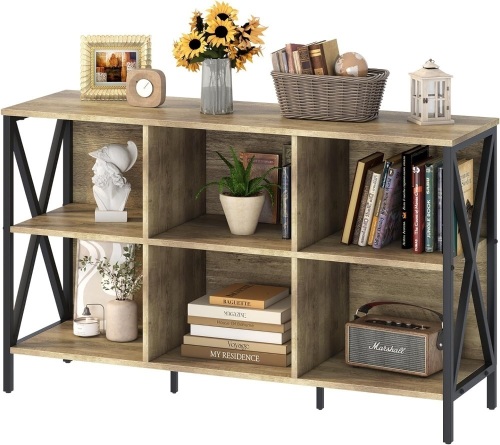 Horizontal Bookshelf Bookcase,6 Cube Storage Organizer with Open Shelf,47 Inch Industrial Low Wide Wood and Metal Cubby shelf,Long shelving unit for Home Office Living Room(Rustic Oak,6 Cube) - Lot 9348
