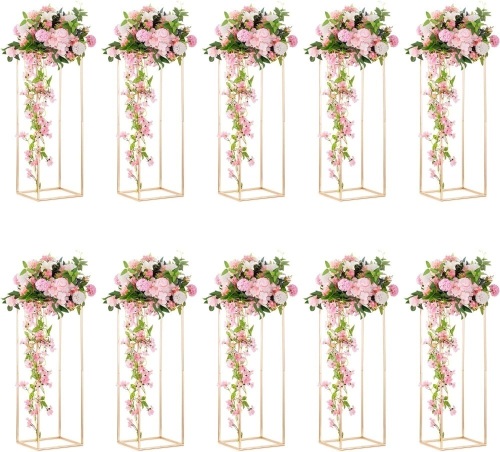 Column Vases Wedding Centerpieces for Tables - 10 Pcs Metal Flower Stand, Inweder Gold Tall Floor Vase, 31.5in Rectangular Geometric Flower Rack for Wedding Decorations, Event, Party, Home - Lot 9361