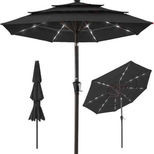 3-Tier Solar Patio Umbrella w/ LED Lights, Tilt Adjustment, Crank - 10ft - Lot 8790