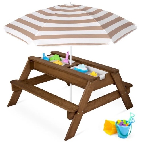 3-in-1 Kids Sand & Water Table Outdoor Wood Picnic Table w/ Umbrella - Lot 9428anm