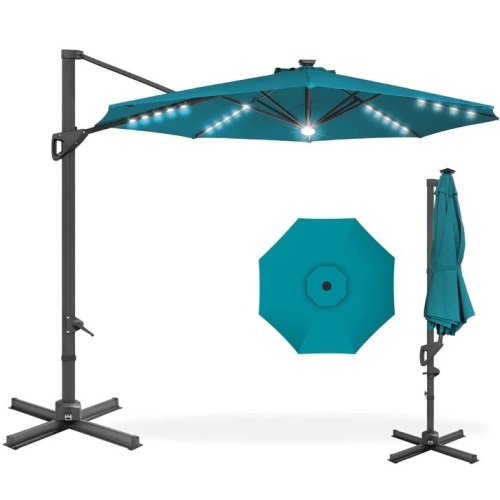 360-Degree Solar LED Cantilever Offset Patio Umbrella w/ Tilt - 10ft - Lot 9697