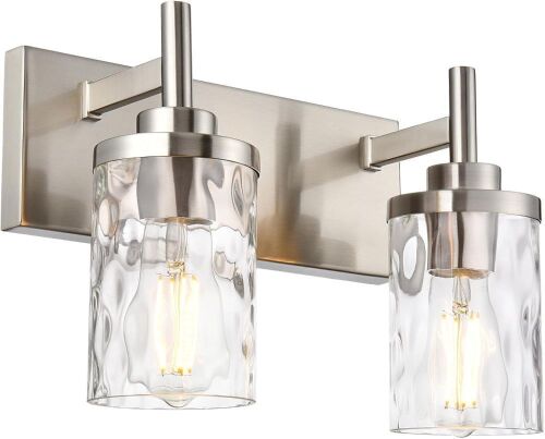 QueeuQ Industrial 2-Light Vanity Light Fixture, Brushed Nickel with Clear Hammered Shade  - Lot 395