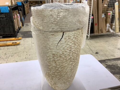 Worth 9 Gallon Stone Finish Round Planters, 14" Dia x 21" H, Set of 2 - One is Cracked - Lot 415