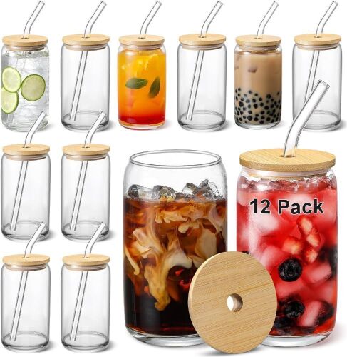 Beer Can Shaped Glass Cups with Bamboo Lids and Glass Straw, 12 Pack  - Lot 179