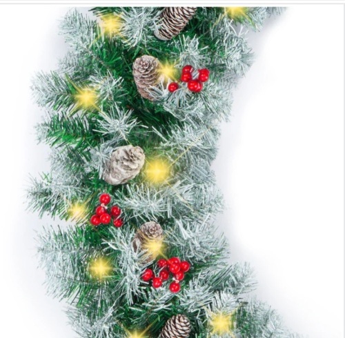 Pre-Lit Pre-Decorated Garland w/ PVC Branch Tips, 50 Lights - 9ft - Lot 105