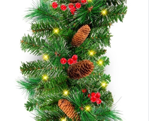 Pre-Lit Pre-Decorated Garland w/ PVC Branch Tips, 50 Lights - 9ft - Lot 112