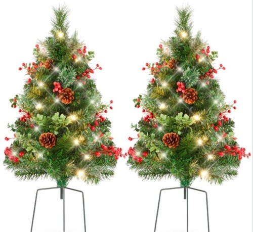 Set of 2 Pre-Lit Pathway Christmas Trees w/ Pine Cones, Timer - 24.5in - Lot 113