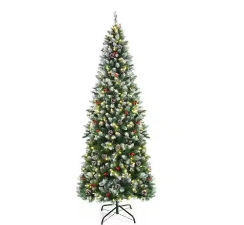 7 ft. Pre-lit Hinged Pencil Artificial Christmas Tree Decorated Snow Flocked Tips - Lot 183