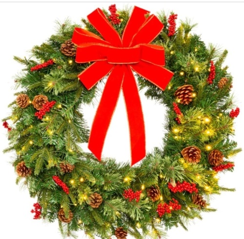Pre-Lit Battery Powered Christmas Wreath w/ Lights, PVC Tips, Ribbon 30in - Lot 195