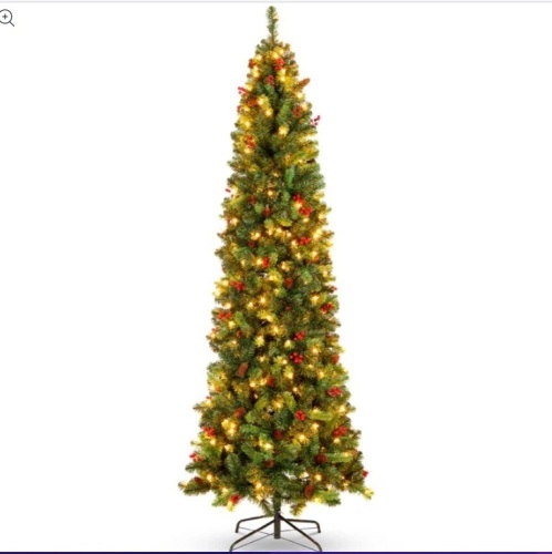 Pre-Lit Spruce Pencil Christmas Tree w/ Berries, Pine Cones 9ft - Lot 213