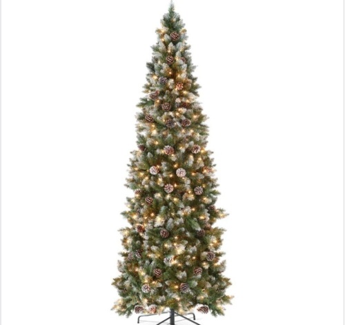 Pre-Lit Partially Flocked Pencil Christmas Tree w/ Pine Cones, Metal Stand 7ft - Lot 221