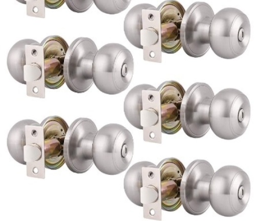 5 Pack Bathroom Bedroom Door Knobs Hardware, Round Privacy Knobs Locksets Interior Door Handles, Satin Nickel Finished, Stainless Steel Doorknob Bulk Pack - Lot 240