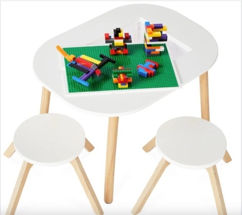 2-in-1 Kid's Building Block Table w/ 2 Stools, Storage Compartment - Lot 101a