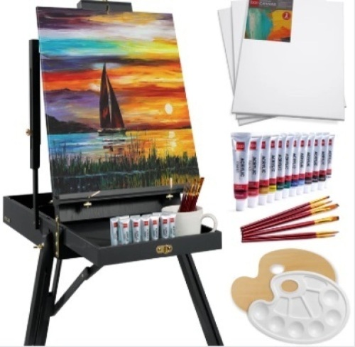 Portable Wooden French Easel w/ 32pc Beginners Kit-missing legs - Lot 327a