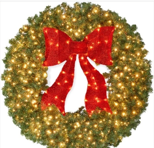 Pre-Lit Artificial Fir Christmas Wreath w/ Red Bow, LED Lights 48in - Lot 259