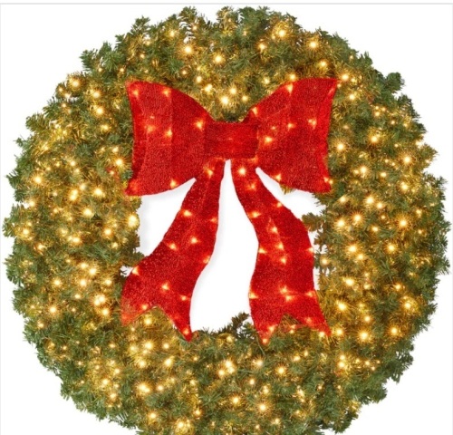 Pre-Lit Artificial Fir Christmas Wreath w/ Red Bow, LED Lights 48in - Lot 261