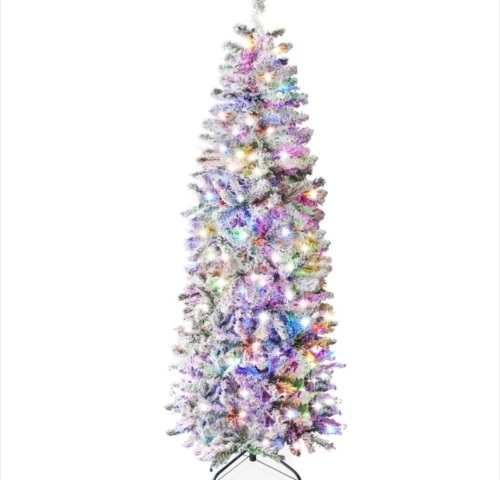 Pre-Lit Snow Flocked Artificial Pencil Christmas Tree w/ Multicolor Lights 6ft - Lot 263