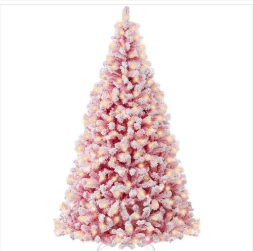 Pre-Lit Pink Christmas Tree Flocked Full Holiday Decor w/ Metal Base 6ft - Lot 274